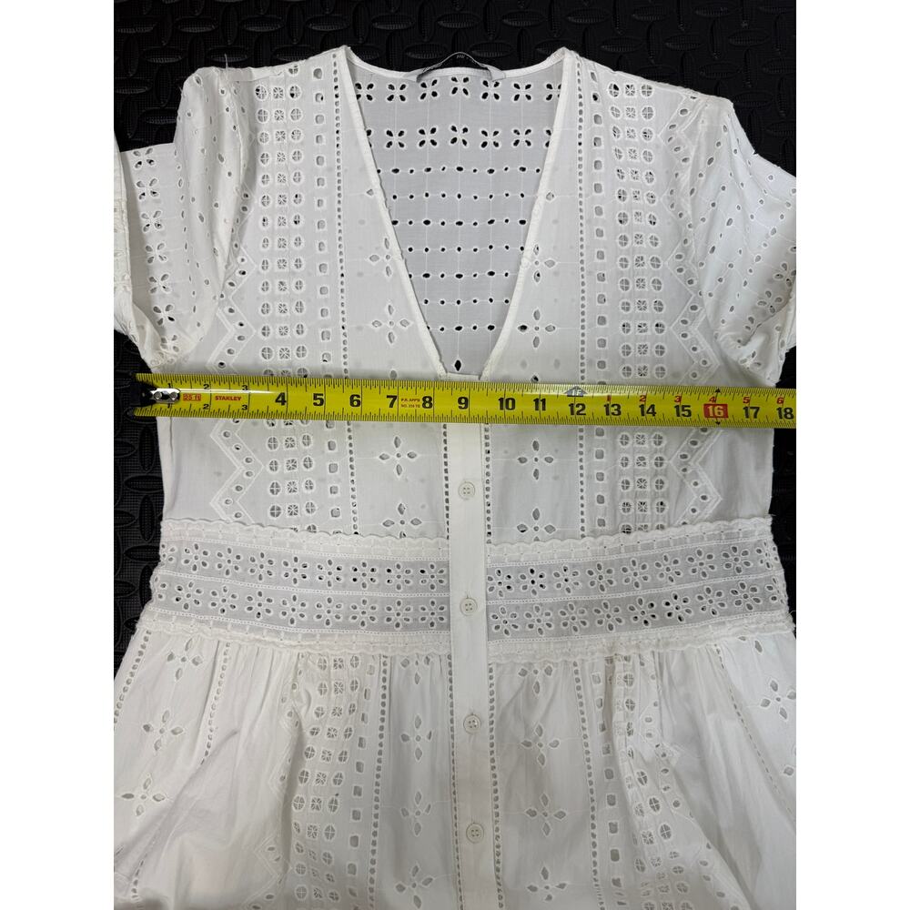 Zara White 100% Cotton Eyelet Dress Ruffle Embroidery Cottagecore Boho XS - Picture 9 of 10